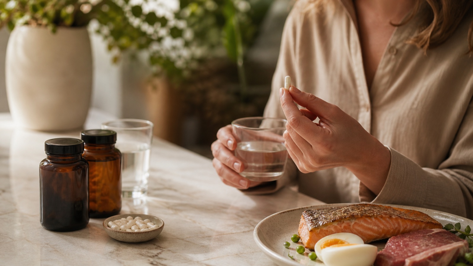 Supplementen en voedingsbronnen met vitamine B12 op een warme lichte ondergrond