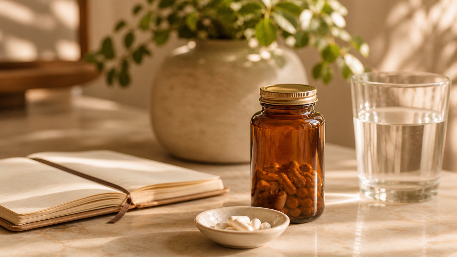 Verschillende WLS-multivitamines naast elkaar op een warme lichte ondergrond