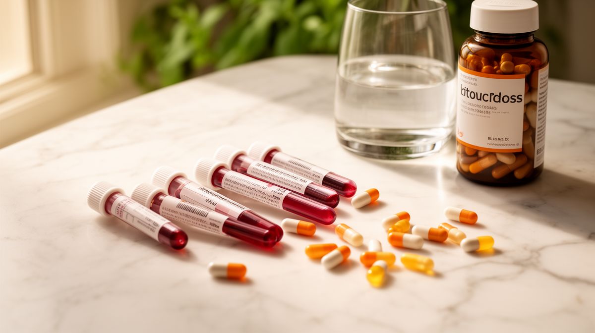 Bloedbuisjes op een marmeren oppervlak naast een supplementflesje en capsules