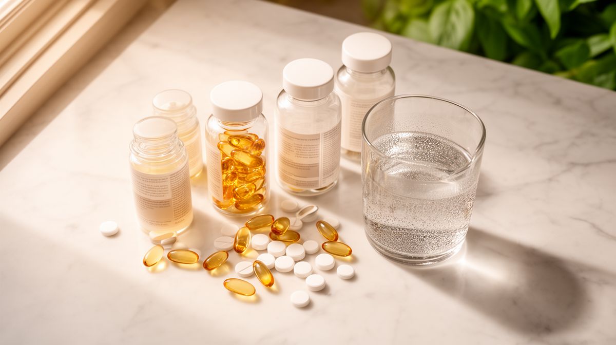 Supplementflesjes en capsules op een wit marmeren oppervlak met een glas water
