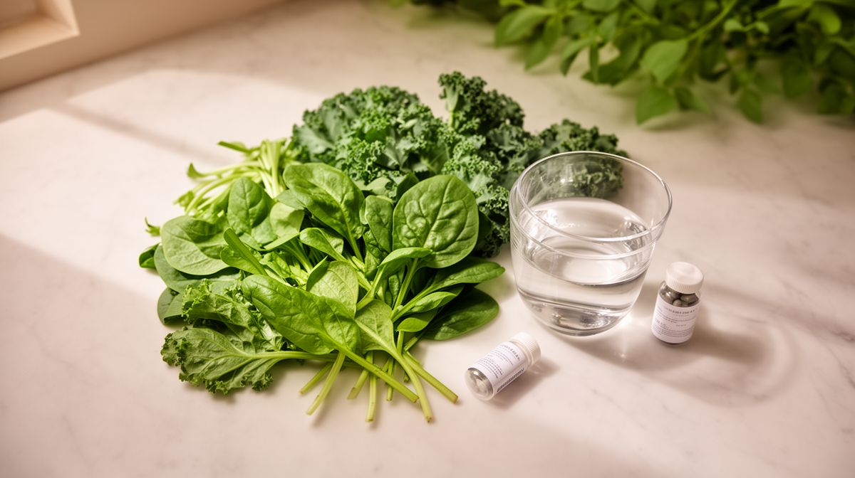 Verse spinazie en boerenkool naast supplementflesjes en glas water op marmer