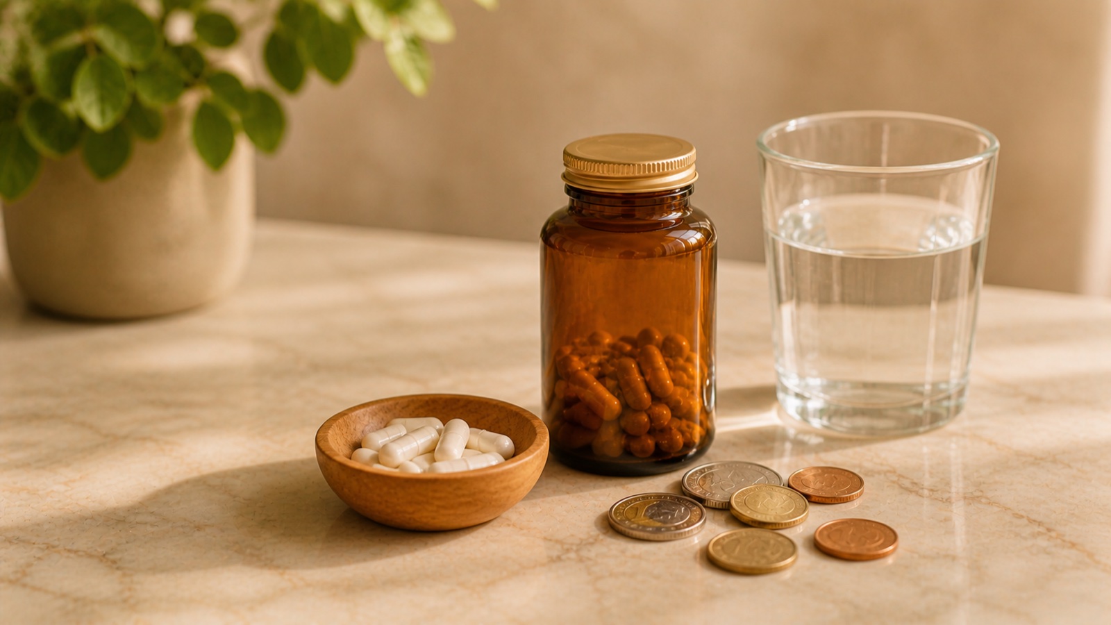 Betaalbare WLS-vitamines met euromunten en supplementen op een warme lichte ondergrond