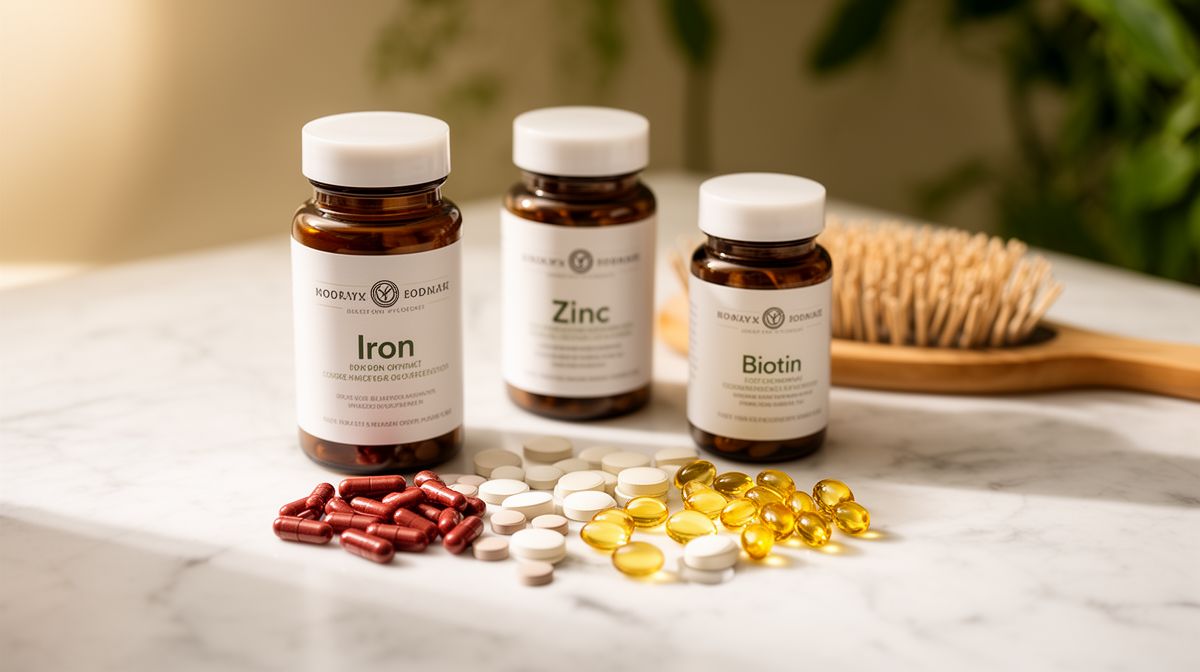 Supplementflesjes met ijzer, zink en biotine op marmeren oppervlak naast haarborstels
