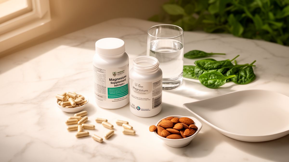Magnesiumtabletten en capsules op wit marmeren oppervlak met glas water