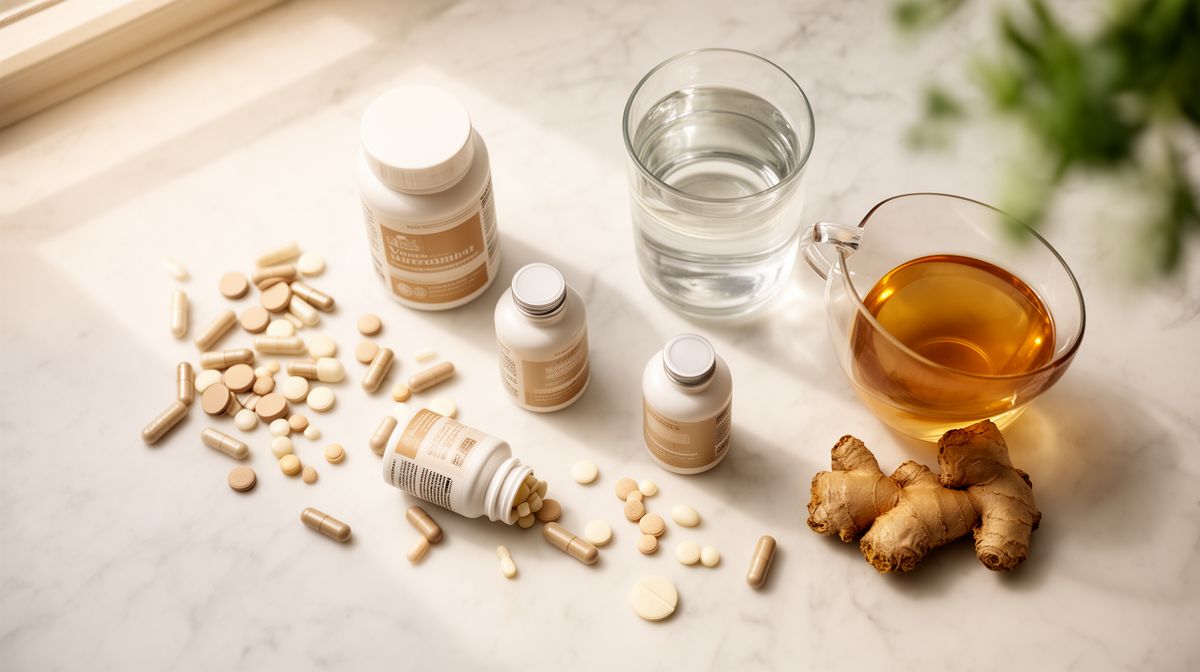 Supplementflesjes op marmer oppervlak naast glas water en gemberthee