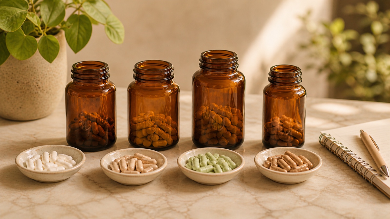 Verschillende WLS-multivitamines en supplementvormen naast elkaar op een lichte ondergrond