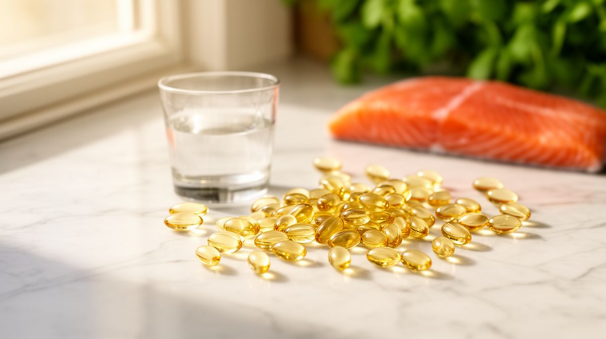 Omega-3 visolie capsules op wit marmeren oppervlak naast glas water