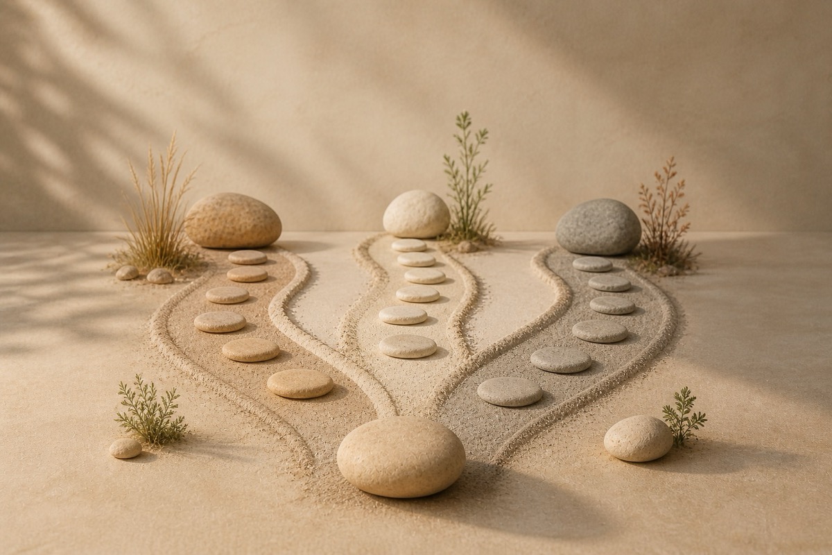 Zen-tuin met drie paden van stenen, symbool voor verschillende operatietypes