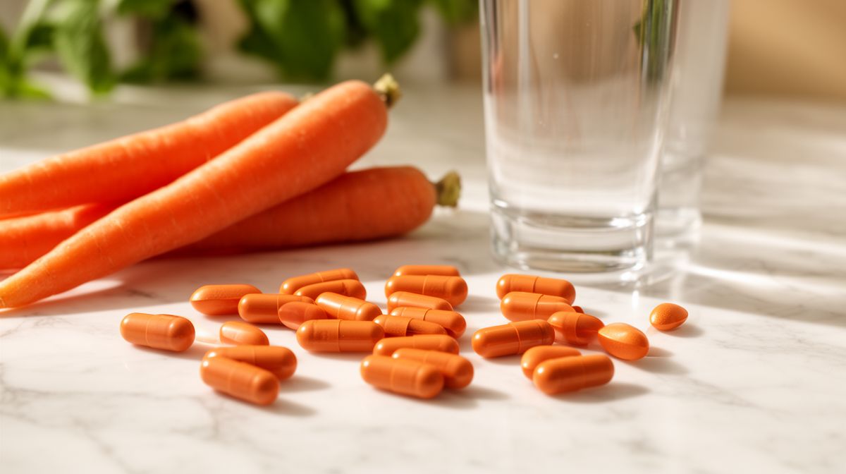 Oranje supplementcapsules en wortelen op marmeren oppervlak met glas water