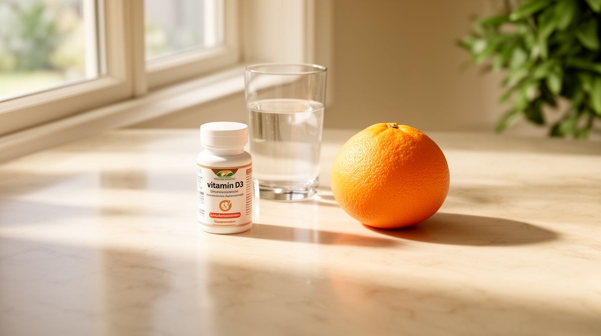 Zonlicht door raam met vitamine D supplementen op tafel
