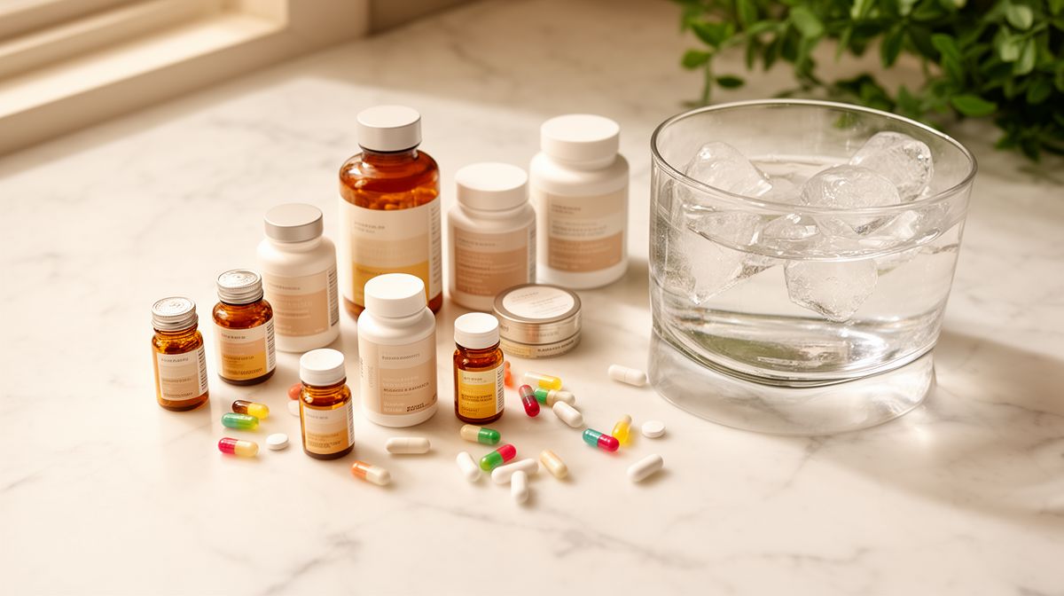 Verschillende supplementflesjes en capsules op een wit marmeren oppervlak met een glas water