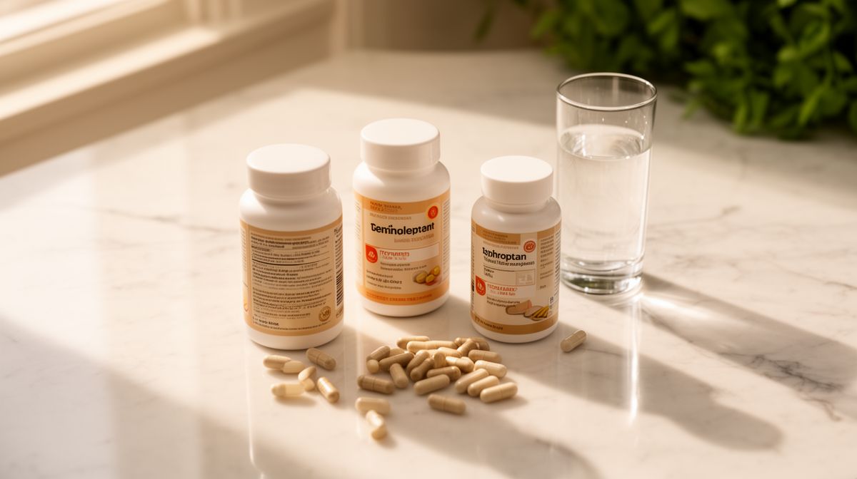 Verschillende supplementflesjes en losliggende capsules op een marmeren keukentafel met een glas water