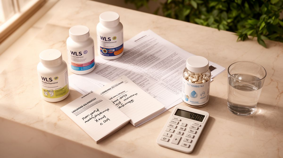 Supplementflesjes en een polismap op een bureau met een calculator