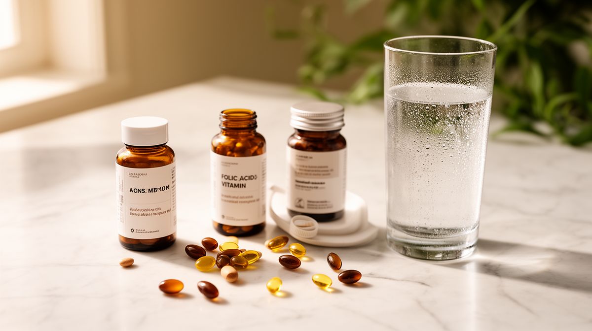 Supplementflesjes met foliumzuur en prenatale vitamines op marmeren oppervlak met glas water